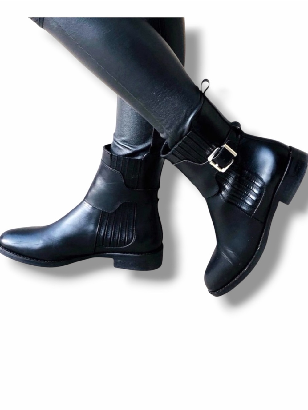 Stelle Monelle Black Leather Boots Size 38 7.5 Moto Chelsea Buckle Monk Strap